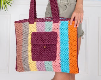 Colourful Summer Beach Bag With Front Pocket,Crochet Beach Bag,Handknit Beach Tote Bag For Women,Crochet Shoulder Bag,Handmade Straw Bag