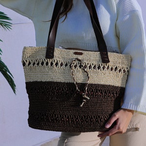 Brown Straw Bag With Leather Handles,Big Beach Bag For Women,Fully Lined Summer Shoulder Bag,Large Straw Bag,Straw Tote Bag,Raffia Handbags