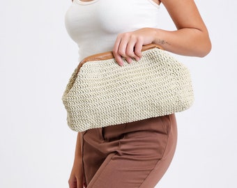 Pochette crème faite main, entièrement doublée, Sacs à main en paille pour femme en solde, Pochette en raphia, Pochette surdimensionnée, Pochette au crochet