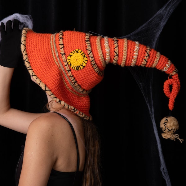 Crochet  Pumpkin Twisted Witch Hat,Adult Halloween Hat For Women,Witch Hats For Halloween,Knitted Cosplay Hat,Handmade Halloween Costume Hat