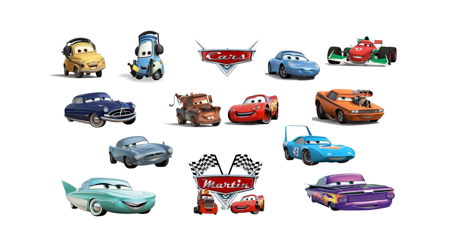 Mcqueen, Mater, Luigi, Hudson, the King, Francesco, Flo, Sally