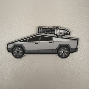 May include: A gray, cartoon-style,  pickup truck with a large gun mounted on the roof. The truck has black wheels and a black outline.