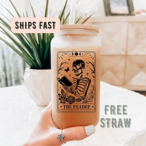 The Reader Tarot Ice Coffee Cup, Skeleton Reading Cup, Book Lover Gift, Book Lover Cup, Bookish Gift, Bookish Cup