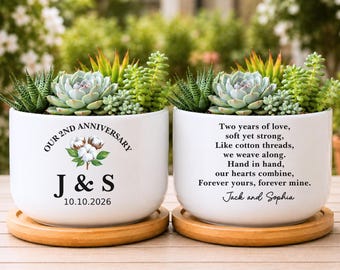 Custom Cotton Anniversary Gift, Personalized 2nd Wedding Anniversary Plant Pot, 2 Year Anniversary Gift for Wife or Husband (TM-AYAGB4)