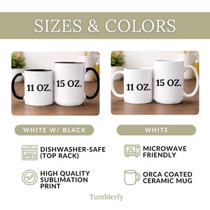 K&ouml;nnte beinhalten: Abbildung von zwei Keramikbechern, 11 oz und 15 oz, in Wei&szlig; mit schwarzen Akzenten oder reinwei&szlig;. Der Text weist darauf hin, dass sie sp&uuml;lmaschinenfest, mikrowellengeeignet sind und hochwertige Sublimationsdrucke aufweisen.