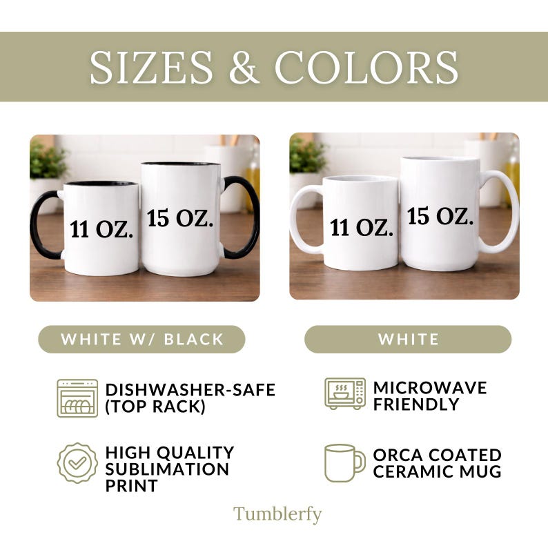 K&ouml;nnte beinhalten: Abbildung von zwei Keramikbechern, 11 oz und 15 oz, in Wei&szlig; mit schwarzen Akzenten oder reinwei&szlig;. Der Text weist darauf hin, dass sie sp&uuml;lmaschinenfest, mikrowellengeeignet sind und hochwertige Sublimationsdrucke aufweisen.