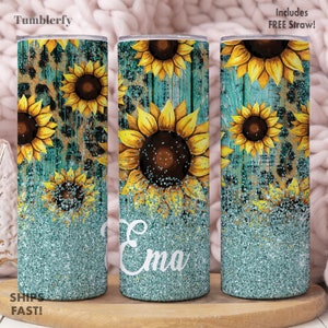 Teal Sunflower Tumbler Personalized, Sunflower Gifts For Women, Sunflower Tumbler With Straw, Sunflower Cup With Straw, Sunflower Travel Cup