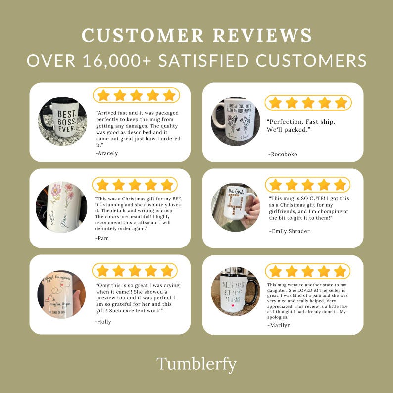 K&ouml;nnte beinhalten: Werbebild mit Kundenbewertungen f&uuml;r Tassen. Das Bild zeigt mehrere Tassen mit verschiedenen Designs, darunter Blumenmuster, Text und Grafiken. Die Bewertungen werden in einem Rasterformat mit Sternebewertungen und Kundenmeinungen angezeigt. Der Text "Customer Reviews" und "Over 16,000+ Satisfied Customers" sind ebenfalls sichtbar.