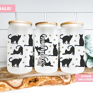 Cat Gifts, Cat Gift Personalized, Cat Gifts For Cat Lovers, Cat Glass Cup, Cat Gifts For Women, Cat Glass Cup With Lid and Straw