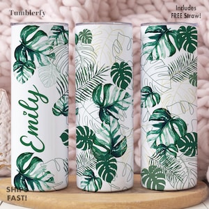 Tropical Leaves Tumbler Personalized, Tropical Gifts For Women, Tropical Tumbler With Lid And Straw, Tropical Tumbler Cup With Name