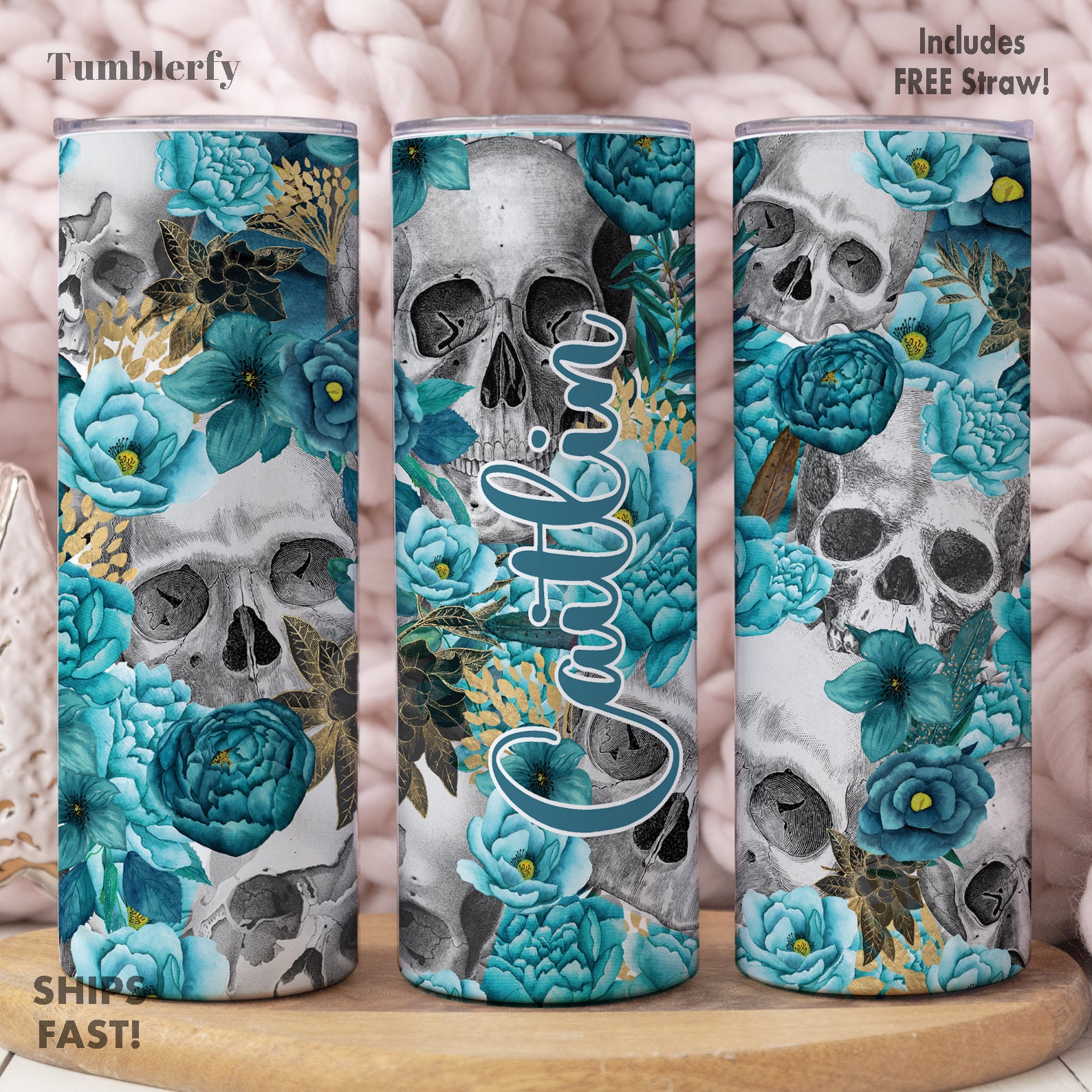 Skull Tumbler Personalized, Skull Gifts, Skull Cup, Skull Gifts For Women, Floral Skull Tumbler With Straw, Teal Floral Skull Tumbler