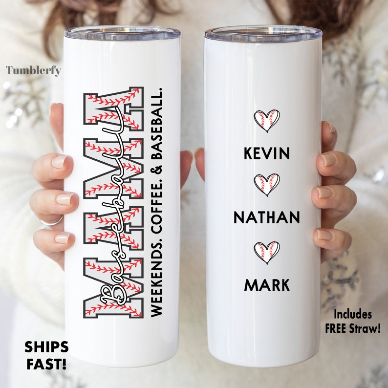 May include: White stainless steel tumbler with a baseball graphic and the text "Weekends. Coffee. & Baseball." on one side. The other side has three baseball-themed hearts with the names Kevin, Nathan, and Mark.