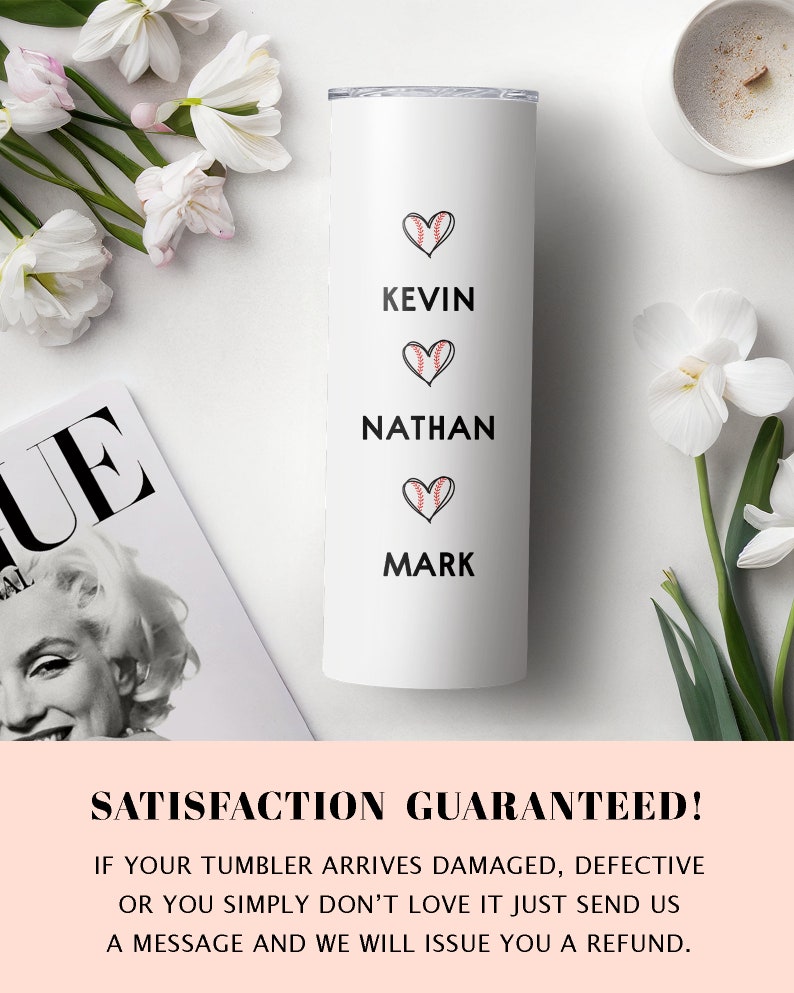 May include: White stainless steel tumbler with three names, Kevin, Nathan, and Mark, written in black text. Each name is accompanied by a black heart with a red baseball graphic inside.