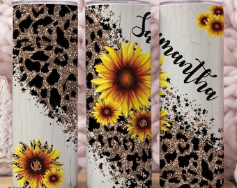 Sunflower Cheetah Tumbler With Name, Cheetah Tumbler Cup, Cheetah Tumbler With Straw, Sunflower Leopard Cup, Leopard Tumbler With Straw