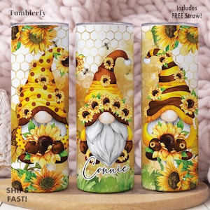 Gnome Sunflower Tumbler Personalized, Gnome Gifts, Gnome Tumbler With Straw, Gnome Cup With Name, Gnome Tumbler Cup