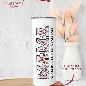 May include: White stainless steel tumbler with a baseball-themed design that says "Mama Baseball" and "Weekends. Coffee. & Baseball." It comes with a straw and fits most cup holders.