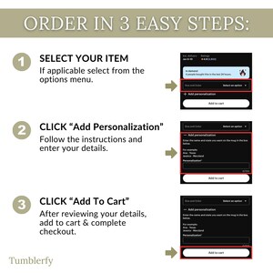 K&ouml;nnte beinhalten: Eine Infografik mit dem Text &bdquo;BESTELLEN IN 3 EINFACHEN SCHRITTEN:&ldquo; f&uuml;hrt Kunden durch den Kaufprozess. Zu den Schritten geh&ouml;ren die Auswahl eines Artikels, das Hinzuf&uuml;gen einer Personalisierung und das Hinzuf&uuml;gen zum Warenkorb. Das Bild zeigt Beispiele f&uuml;r die Schritte.