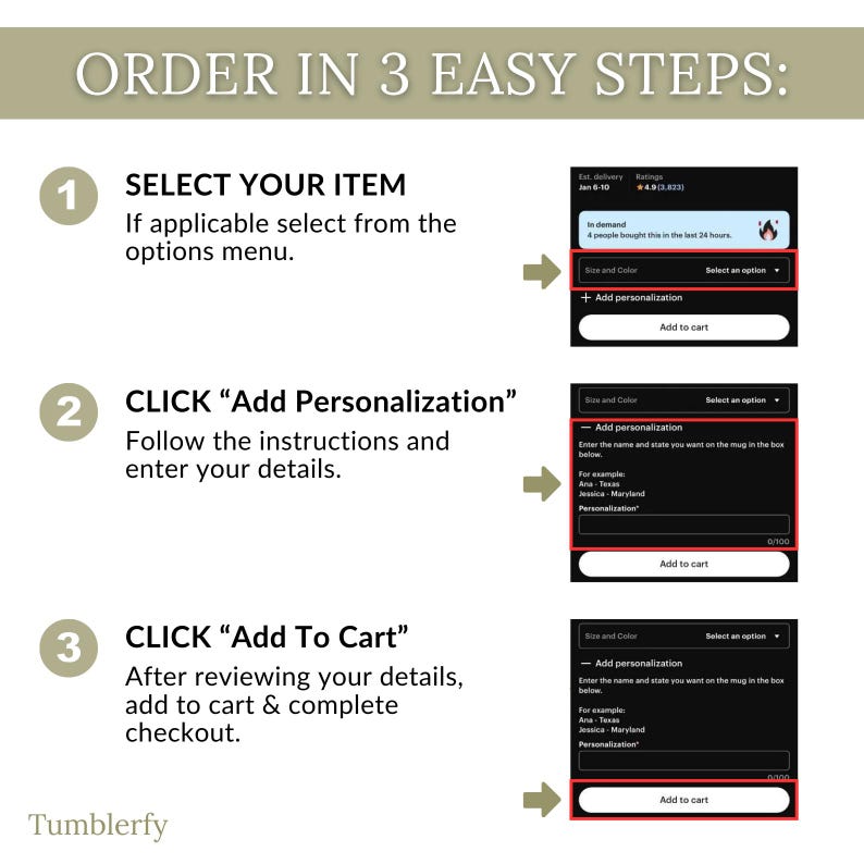 K&ouml;nnte beinhalten: Eine Infografik mit dem Text &bdquo;BESTELLEN IN 3 EINFACHEN SCHRITTEN:&ldquo; f&uuml;hrt Kunden durch den Kaufprozess. Zu den Schritten geh&ouml;ren die Auswahl eines Artikels, das Hinzuf&uuml;gen einer Personalisierung und das Hinzuf&uuml;gen zum Warenkorb. Das Bild zeigt Beispiele f&uuml;r die Schritte.