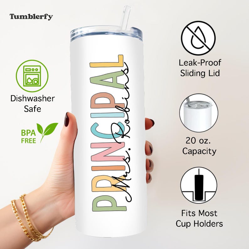 May include: A white 20 ounce stainless steel tumbler with a colorful "PRINCIPAL" design and the text "Mrs. Robins" in black script. The tumbler has a leak-proof sliding lid and fits most cup holders.