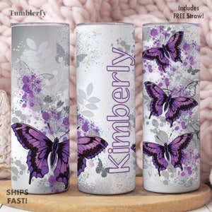 Purple Butterfly Tumbler Personalized, Butterfly Gifts, Butterfly Tumbler Cup With Straw, Butterfly Gifts For Women, Butterfly Lover Gifts