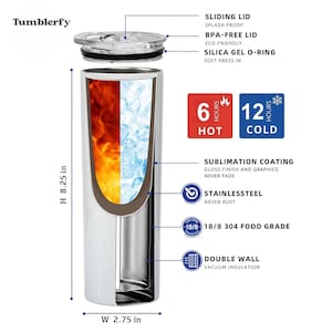 May include: A stainless steel tumbler with a double wall and vacuum insulation. It features a sublimation coating, a BPA-free lid, and a silica gel O-ring. The tumbler keeps drinks hot for 6 hours and cold for 12 hours. It is 8.25 inches tall and 2.75 inches wide.