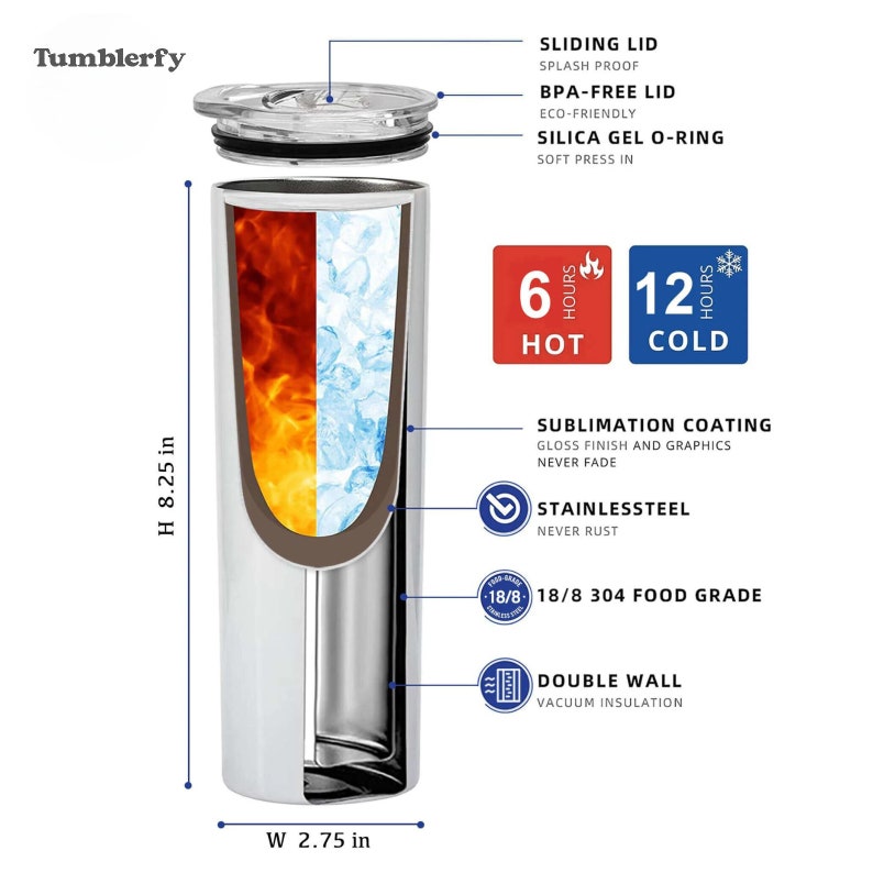 May include: A stainless steel tumbler with a double wall and vacuum insulation. It features a sublimation coating, a BPA-free lid, and a silica gel O-ring. The tumbler keeps drinks hot for 6 hours and cold for 12 hours. It is 8.25 inches tall and 2.75 inches wide.