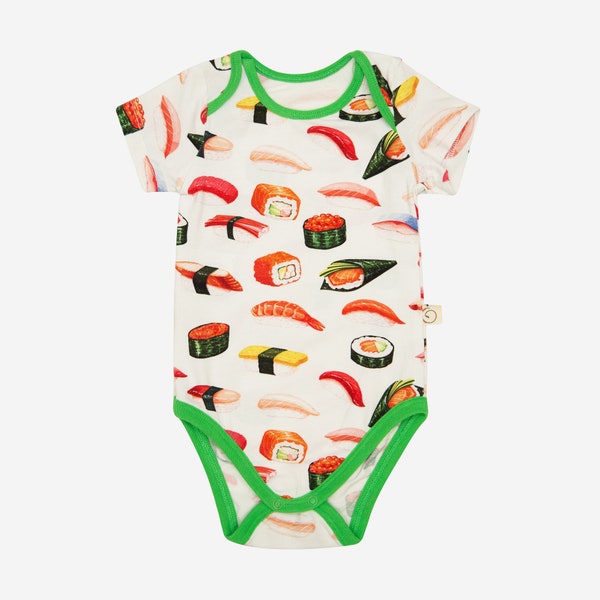 SHORT SLEEVE BODYSUIT | Sustainable Cotton Cute Design | Baby Shower Gift Onesie | Newborn Boy Girl Outfit | Colourful Sushi Maki Nigiri