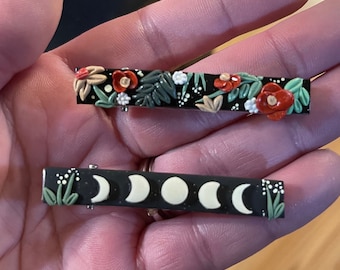 handcrafted polymer clay hair barrettes - moon phases and assorted floral designs