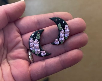 Lavender Moons- handmade polymer clay earrings - botanical crescent shaped earrings