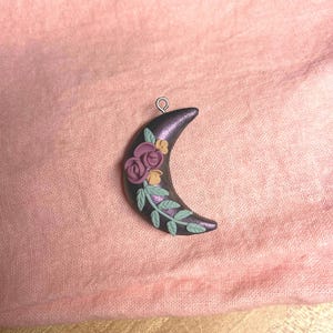 Iridescent moon pendant - handmade polymer clay crescent moon - floral moon necklace - witchy gifts - clay moon pendant