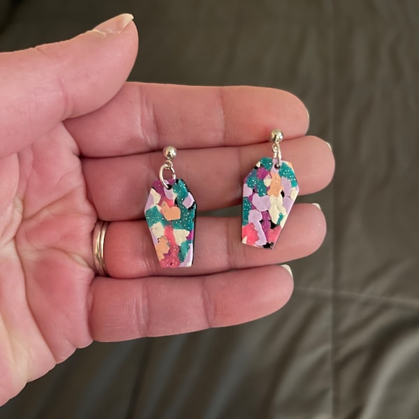 Confetti Coffins - handmade polymer clay earrings - coffin shaped earrings with multi colored splatter