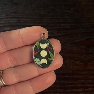 Moon phases and greenery pendant with glow in the dark crescent moons - handcrafted polymer clay