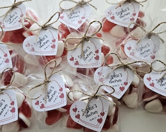 Hen Party Sweets, Hen Party Favours, heart sweets, personalised favours, Hen do Favours, Hen Weekend party bag favours, birthday sweet bags
