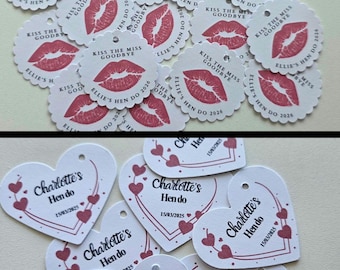 Hen Party Favour Tags, birthday tags, kiss the miss goodbye, Hen do tags, hen weekend tags, heart tags, bridal shower tags, baby shower tags