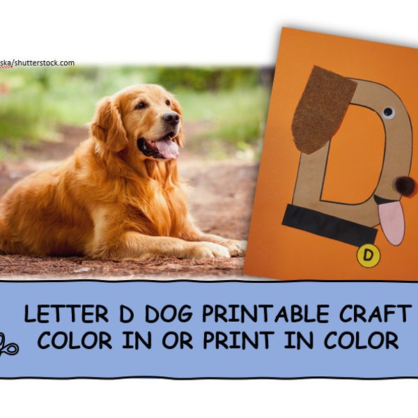 Letter D Dog Printable Color in or Print in Color Cut and Paste Alphabet Craft Phonics Fine Motor Preschool Kindergarten 1st Grade Activity