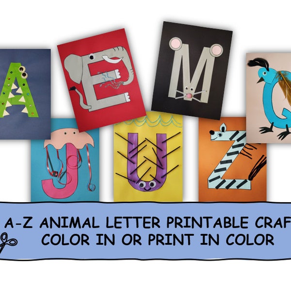 A-Z Animal Alphabet Letter Crafts Print in Color or Color in - Phonics Cut and Paste Fine Motor Preschool Kindergarten First Grade Activity