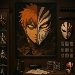 May include: A framed anime art print featuring a split face design with orange hair and a white mask with red stripes. The artwork is displayed on a wooden wall with other anime-related items, including masks, figurines, and books.