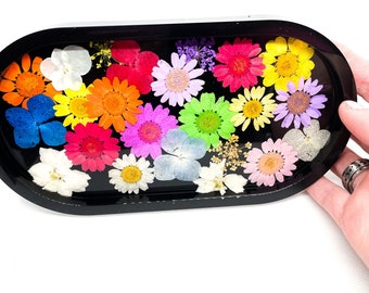 Black large tray with pressed flowers