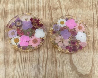 Roze en paarse geperste bloem hars onderzetter set handgemaakte bloemen onderzetters botanische woondecoratie cadeau voor haar housewarming cadeau