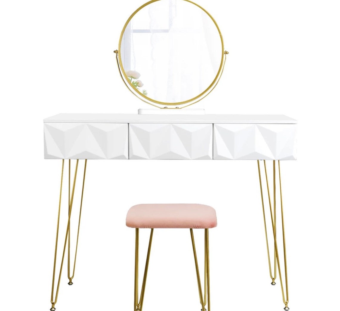 White Gold Dressing Table With 360 Swivel Mirror Velvet Stool Etsy UK