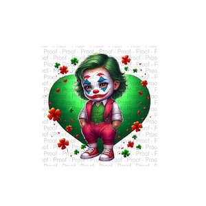 May include: A cartoon illustration of the Joker wearing a green suit and red pants, with a green heart shape behind him. The heart is filled with green shamrocks and red hearts.