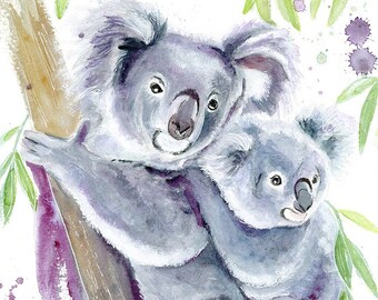 Koala Mother and Baby Joey watercolor art print