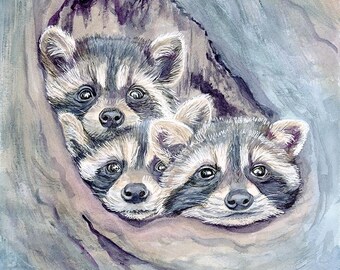 Raccoon kits watercolor fine art Giclée print