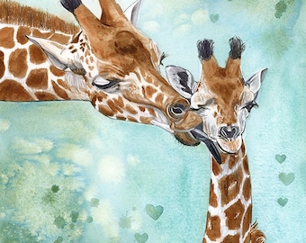 Giraffe mother and calf watercolor fine art Giclee print