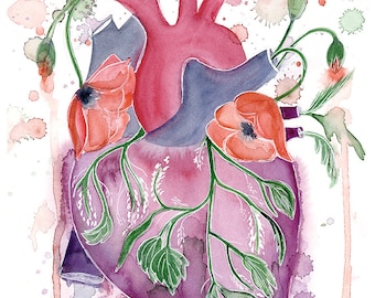 Poppies Anatomical Heart watercolor Giclee print