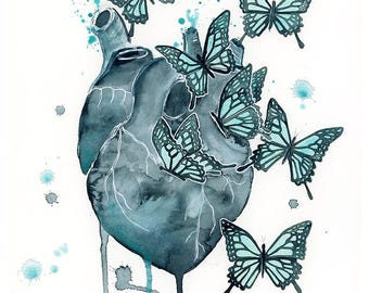 Teal Anatomical Heart and Butterflies watercolor Giclée print