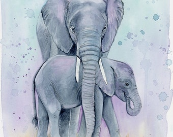 African Elephant Mother and Calf watercolor