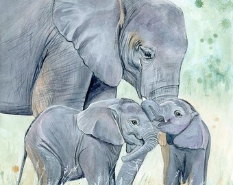 African Elephant Mother and Twins watercolor