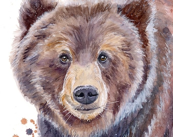 Brown Grizzly Bear watercolor, fine art Giclée print