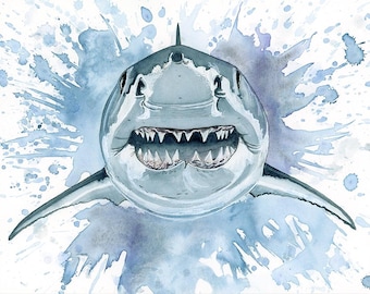Smile! Great White Shark profile watercolor Giclee print